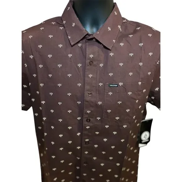 VOLCOM Warbler Short Sleeve Size‎ S Woven Button Up Shirt Brown NWT MSRP $60 - Picture 2 of 9